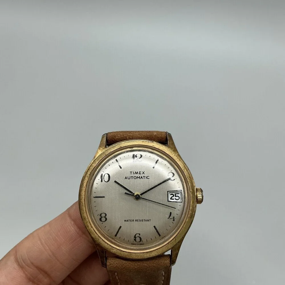 Vintage Timex Automatic Mens Watch 35mm Gold Tone Date Brown Leather Strap